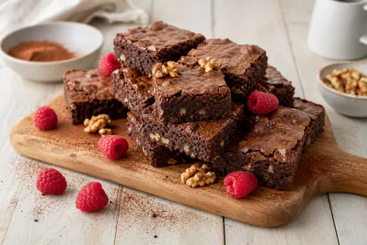 Kwadratowe kawałki wilgotnego brownie z popękaną skorupką i orzechami włoskimi na desce