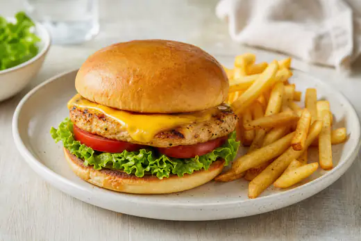 Burger z kurczaka z sałatą, pomidorem i roztopionym serem w podpieczonej bułce, obok frytki