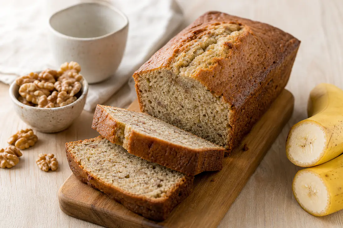 Chlebek bananowy w kształcie podłużnego bochenka, pokrojony w grube kromki na drewnianej desce