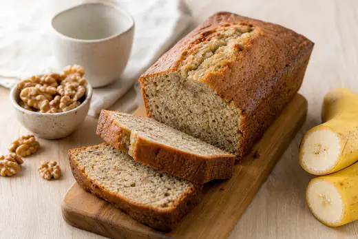 Chlebek bananowy w kształcie podłużnego bochenka, pokrojony w grube kromki na drewnianej desce