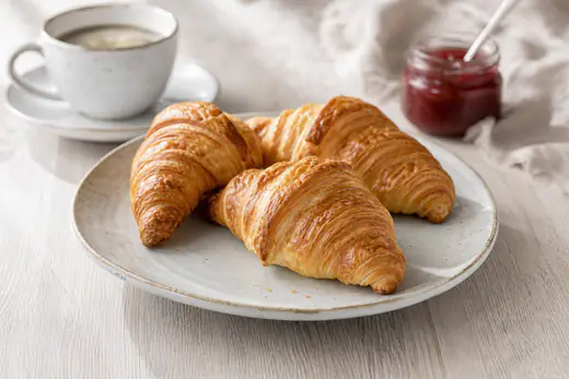 Trzy złotobrązowe croissanty z ciasta francuskiego w kształcie półksiężyca na talerzu, obok filiżanka kawy