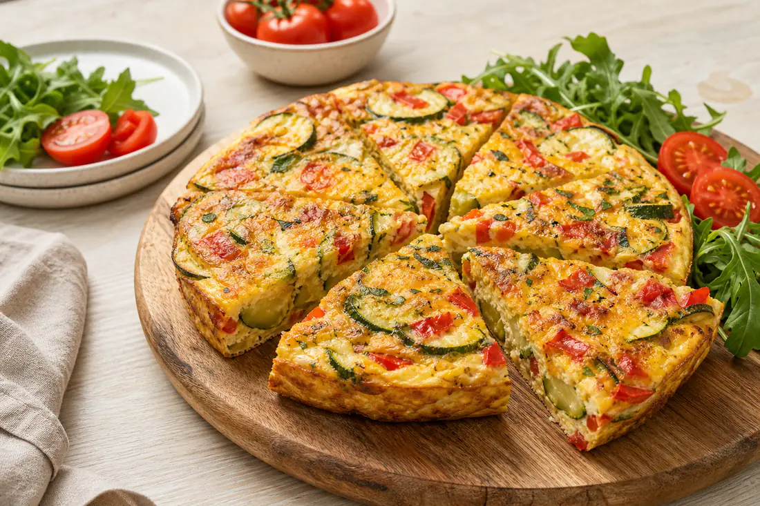 Okrągła frittata z cukinią, papryką i serem pokrojona w trójkąty na drewnianej desce z rukolą