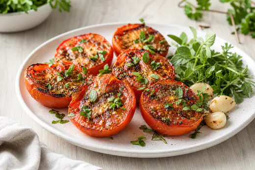 Połówki grillowanych pomidorów z przypieczoną skórką, oregano i czosnkiem na białym talerzu