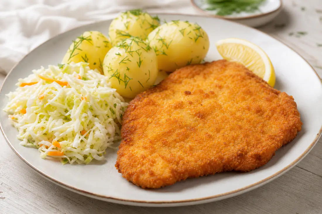 Złocisty, płaski kotlet z piersi kurczaka w panierce z ziemniakami z koperkiem i surówką z kapusty