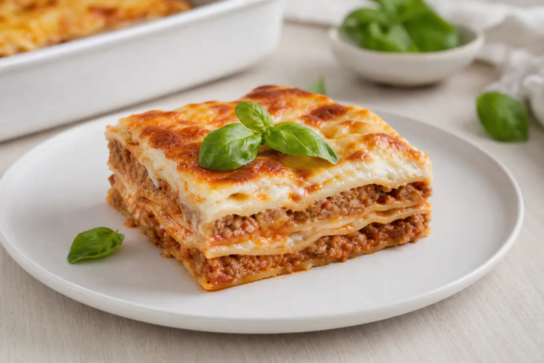 Kwadratowy kawałek lasagne z warstwami makaronu, sosu mięsnego i beszamelu, z rumianym serem na wierzchu