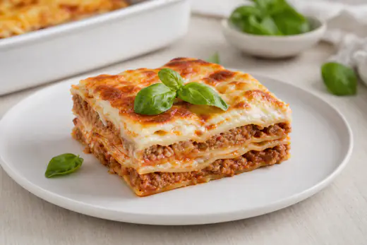 Kwadratowy kawałek lasagne z warstwami makaronu, sosu mięsnego i beszamelu, z rumianym serem na wierzchu