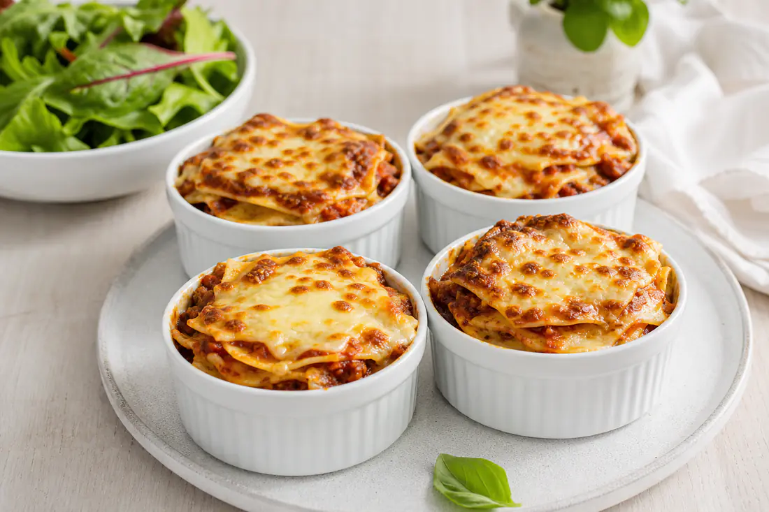 Cztery małe lasagnette w okrągłych kokilkach z zarumienionym serem na wierzchu i widocznymi warstwami makaronu