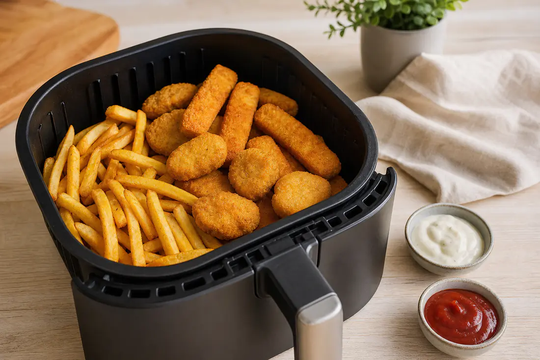 Rumiane mrożone frytki, nuggetsy i paluszki rybne w koszu airfryera obok miseczek z sosami