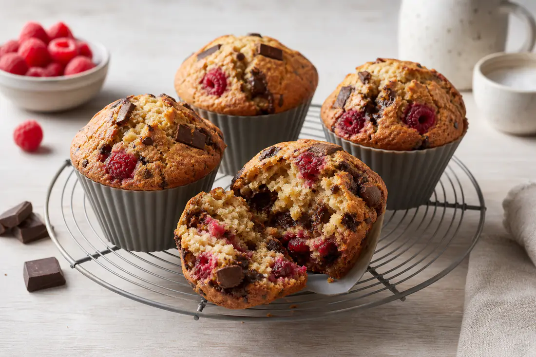 Cztery duże amerykańskie muffiny z wysoką spękaną czapką, z kawałkami czekolady i malinami, w wysokich silikonowych foremkach