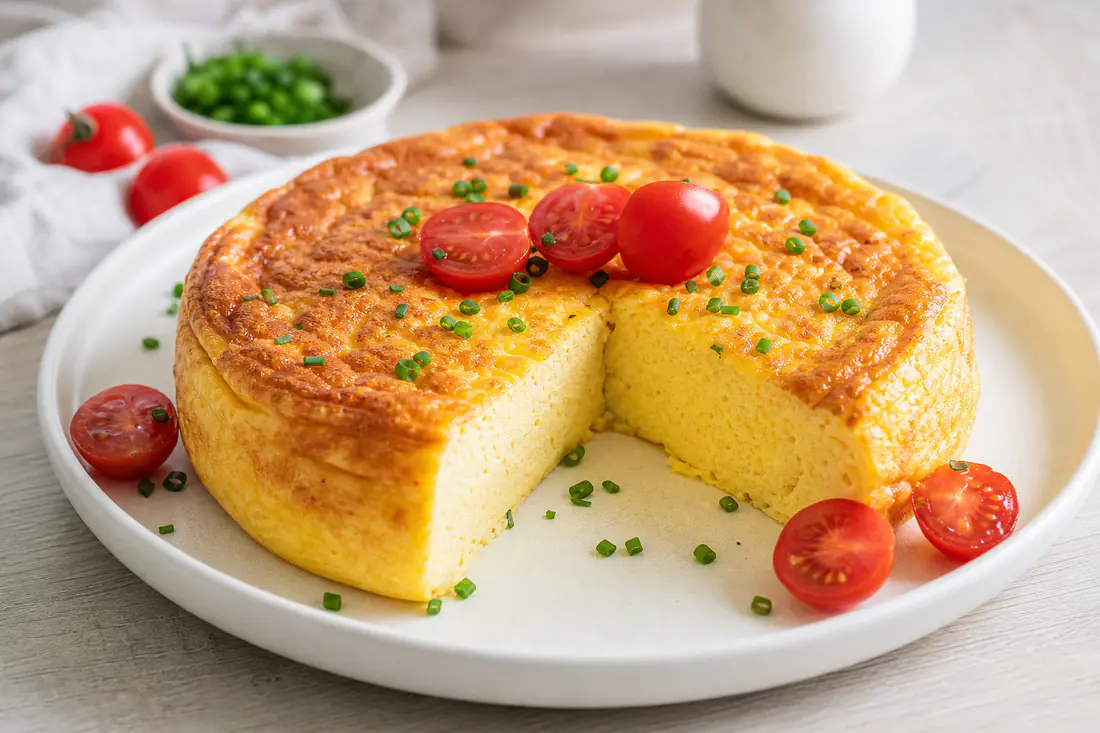 Wyrośnięty złocisty omlet w okrągłej formie, przekrojony, z szczypiorkiem i pomidorami koktajlowymi