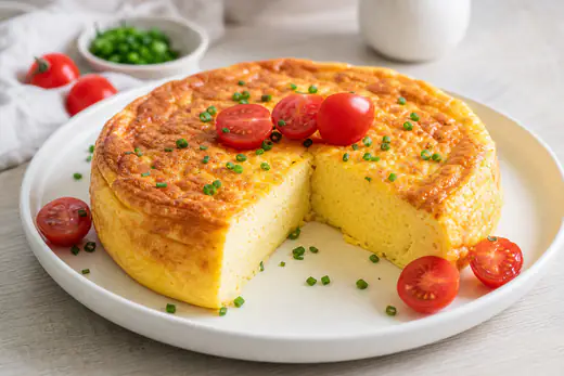 Wyrośnięty złocisty omlet w okrągłej formie, przekrojony, z szczypiorkiem i pomidorami koktajlowymi