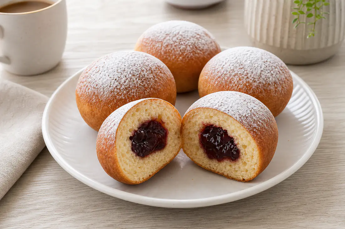 Pieczone pączki z cienką złotą skórką, posypane cukrem pudrem, jeden przekrojony z powidłami w środku