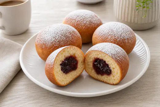 Pieczone pączki z cienką złotą skórką, posypane cukrem pudrem, jeden przekrojony z powidłami w środku