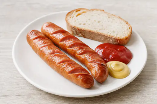 Zrumienione parówki z nacięciami na białym talerzu z ketchupem, musztardą i kromką chleba