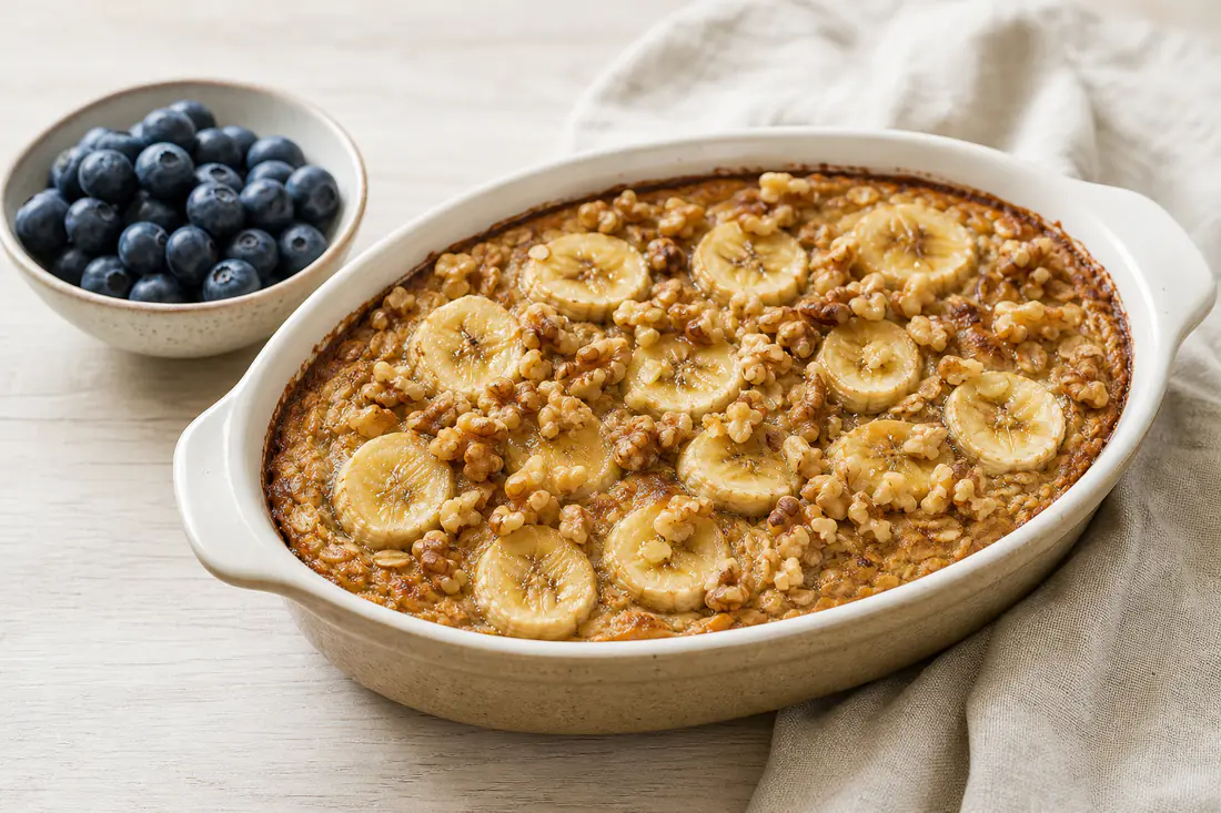 Pieczona owsianka z bananem i orzechami w owalnej ceramicznej formie, obok miska z jagodami