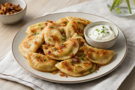 Chrupiące, zrumienione pierogi ruskie na talerzu z podsmażoną cebulką i śmietaną
