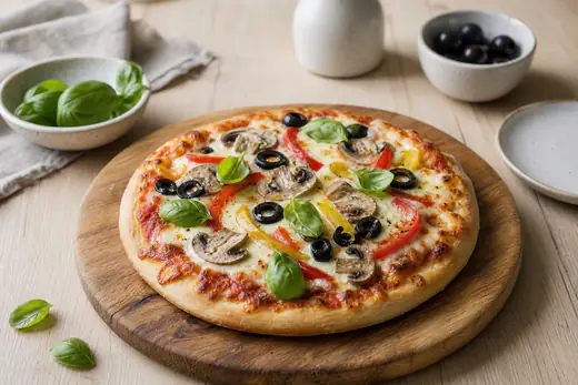 Okrągła domowa pizza z roztopioną mozzarellą, pieczarkami, papryką i listkami bazylii na drewnianej desce