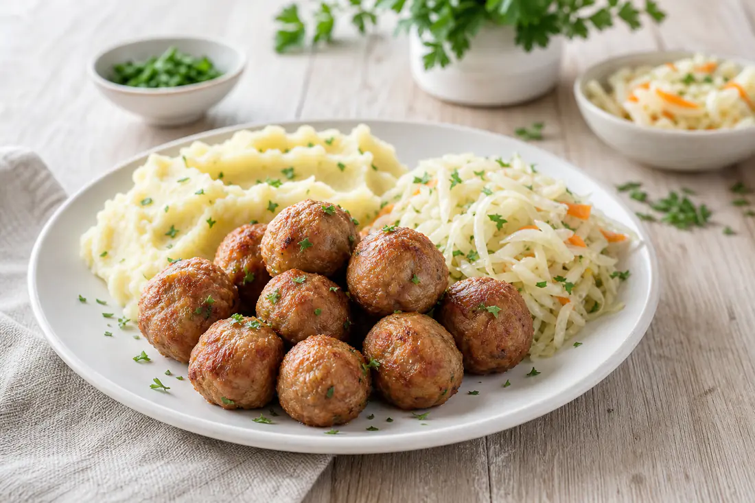 Złociste pulpety bez sosu na białym talerzu z puree ziemniaczanym i surówką z kapusty