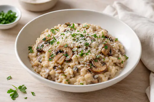 Kremowe risotto z pieczarkami i startym parmezanem w białej misce, obok łyżka i listki natki