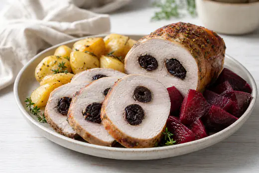 Pokrojony w plastry schab nadziewany suszoną śliwką, z przekrojem pokazującym śliwki w środku, z ziemniakami i buraczkami