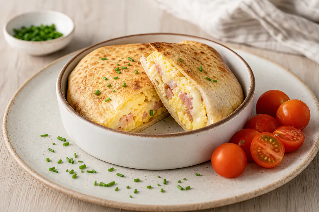 Zapieczona tortilla z jajkiem, szynką i roztopionym serem w okrągłej formie, pokrojona na pół