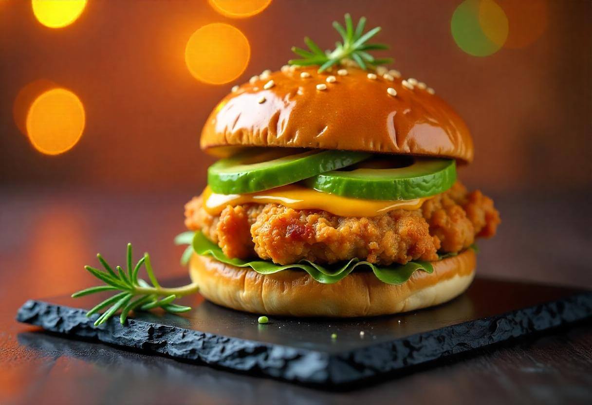 Soczysty burger z kurczaka w airfryer podany z sałatą i pomidorem.
