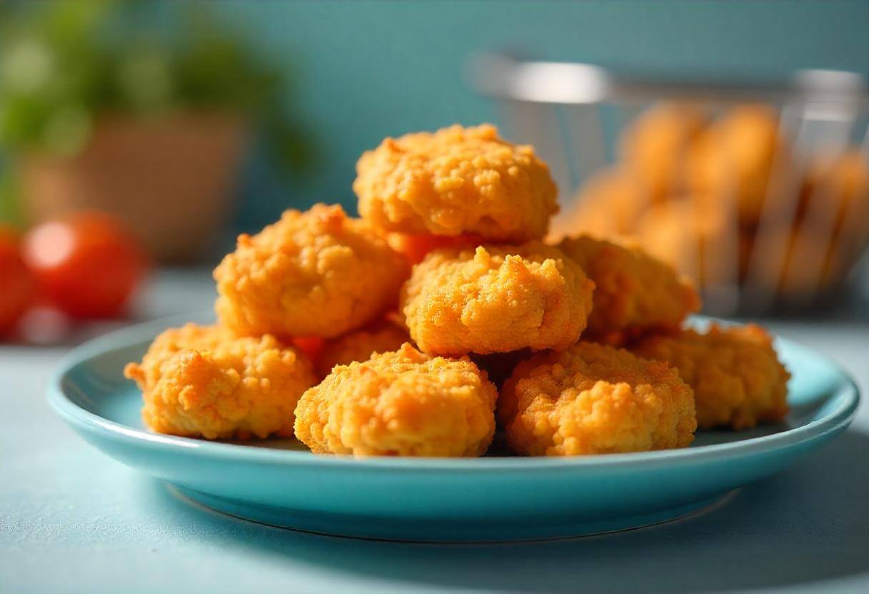 Nuggetsy z kurczaka w airfryer, złociste i chrupiące, gotowe do podania.