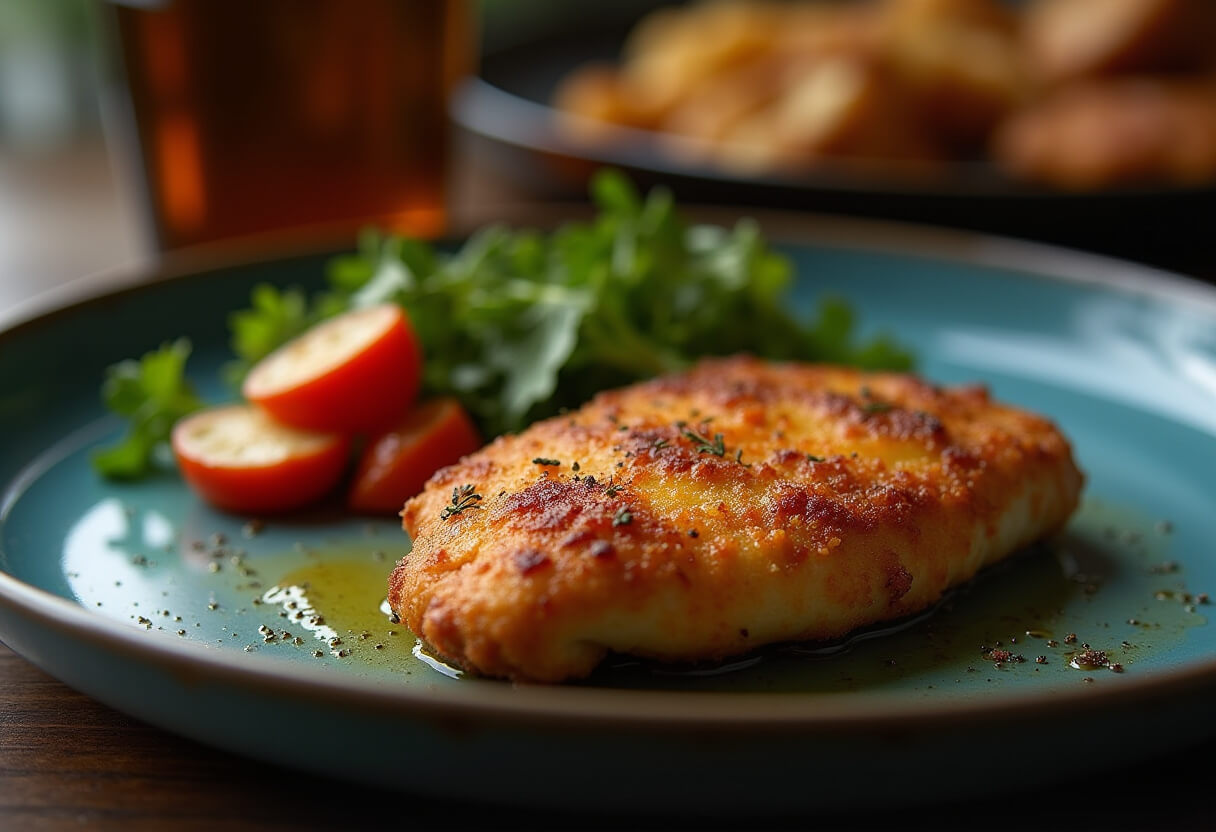 Pierś z kurczaka przygotowana w airfryer, złocista i soczysta, idealna na szybki obiad.